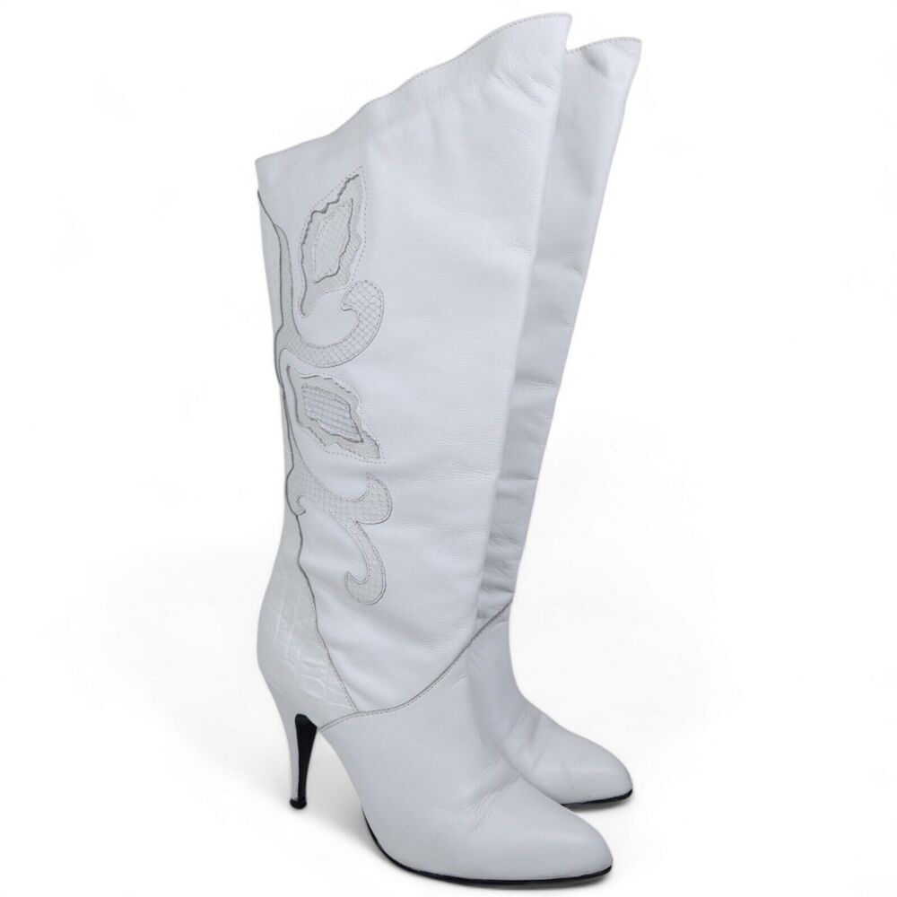Vintage Wild Pair White Mid Calf Cowboy Boots Texture 3D Festival Country 7.5